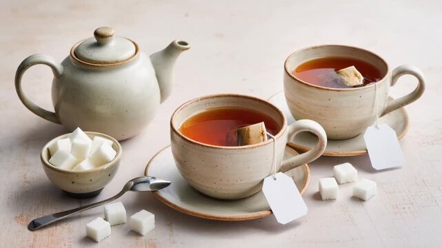 Elegant ceramic teapot with two cups of black tea and sugar cubes on rustic table in cozy minimalist breakfast setting at home indoors.
