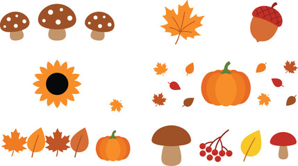 Flat vector illustration of autumn elements collection including pumpkin sunflower mushrooms maple leaves acorn and berries isolated on white background © Arifa