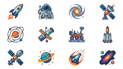 Fototapeta premium Collection of Space Exploration Icons and Illustrations.