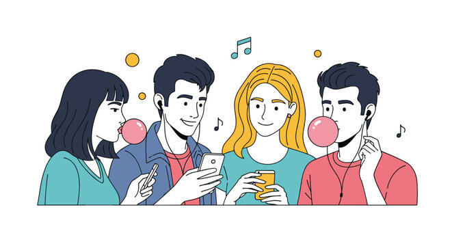 Group of four young friends enjoy their favorite music on mobile devices while some blow bubbles with pink chewing gum.