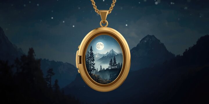 Artfully crafted gold locket depicting peaceful landscape of timber and peaks in gentle moonlight