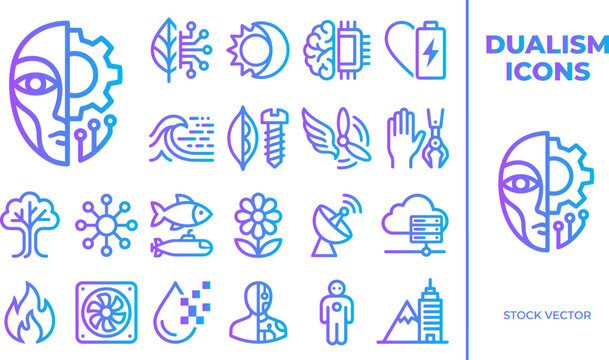 Dualism icons set representing concepts like nature technology and abstract ideas.