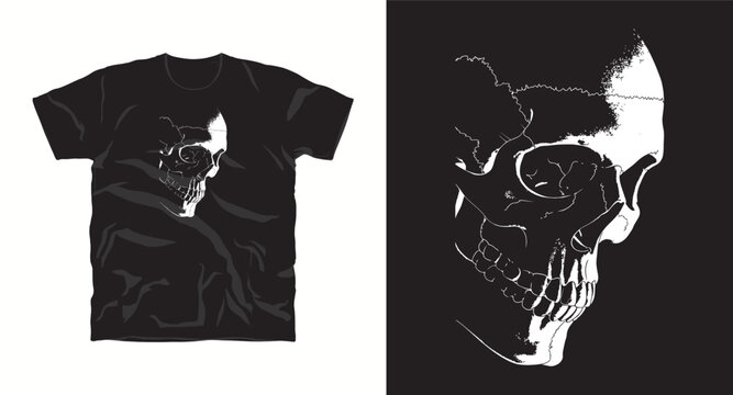 Minimalist human skull side view black and white vector graphic t shirt print.