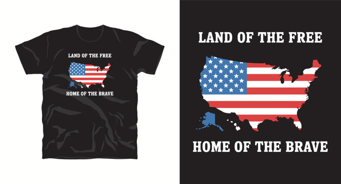 American flag in shape of united states map with land of free home of brave typography for t-shirt design.
