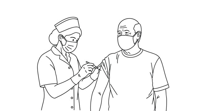 Line art illustration of a professional healthcare nurse in a mask giving a vaccination to an older man also wearing a protective face mask.