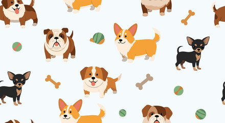 Fototapeta premium Adorable seamless pattern featuring various popular dog breeds like corgis bulldogs and chihuahuas with colorful play balls and bones.