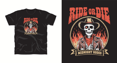 Fototapeta premium Ride or die midnight rodeo skull graphic with fire and rope circle emblem.