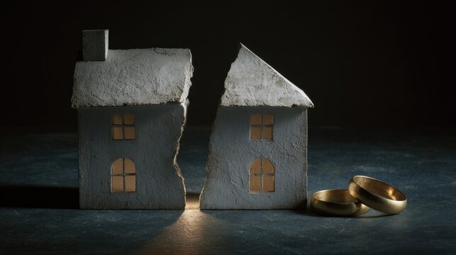 Symbolic broken ceramic house sculpture split in two with golden wedding rings nearby representing divorce or separation in a dark moody setting