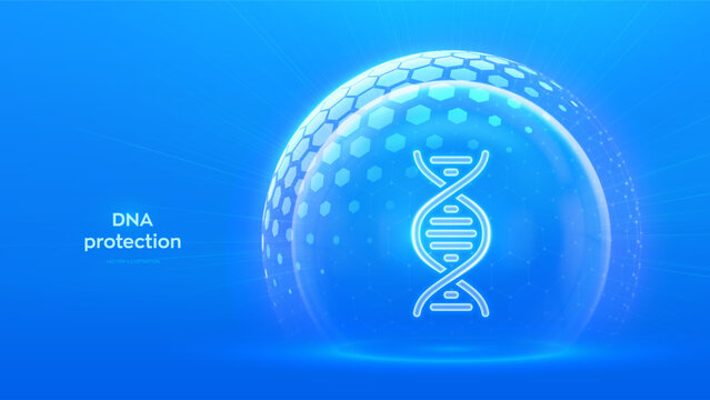 DNA protection. DNA icon inside protective sphere shield with hexagonal pattern. Genetic protection, genetic data protection concept. Secure genome, biotechnology safety, genetic privacy. Vector.