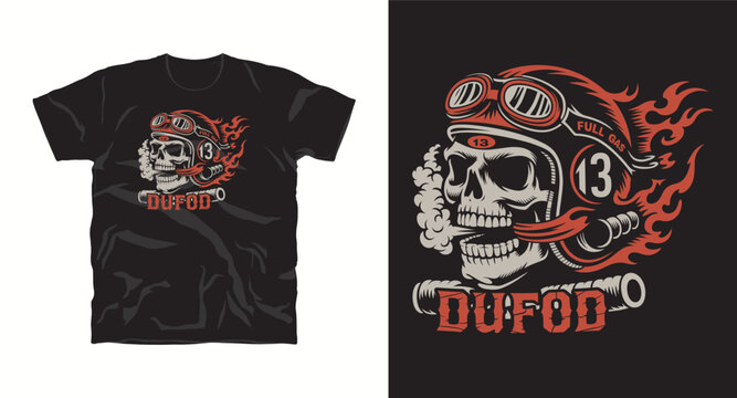 Skull wearing helmet and goggles with flames and smoke text dufod full gas.