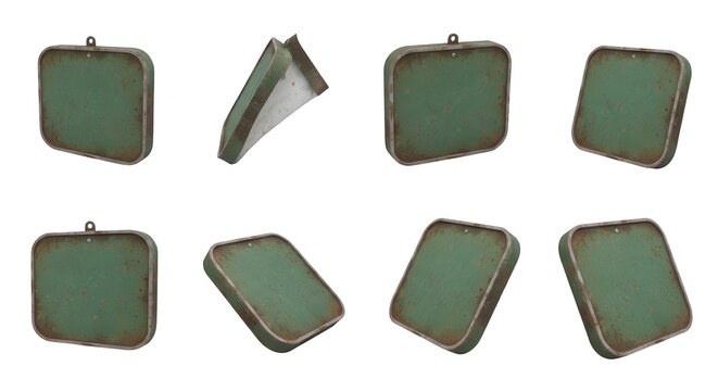 various perspectives of vintage rectangular metal signs on a white background useful for visual communication