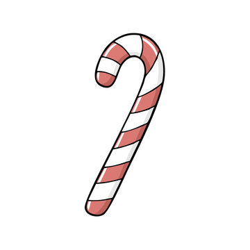 Classic red and white striped candy cane with a curved hook shape
