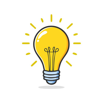 Bright yellow light bulb illuminated with glowing rays emanating outward symbolizing a brilliant idea