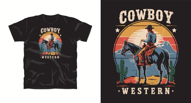Vintage style cowboy riding horse desert western landscape t shirt print illustration.