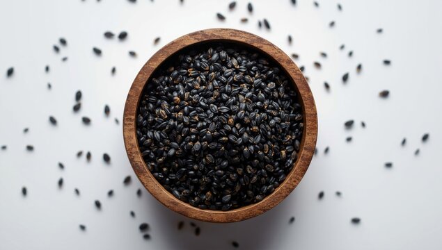 Black cumin seeds in wooden container set against white backdrop with copy space