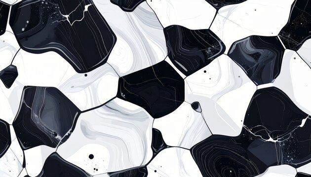Seamless obsidian volcanic glass pattern with conchoidal fractures in black and white illustration style