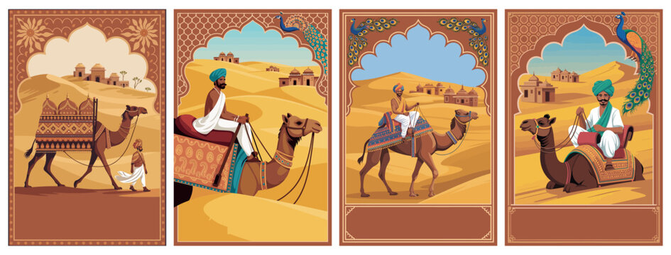 Indian Desert Caravan Illustration with Camels and Rajasthan Culture