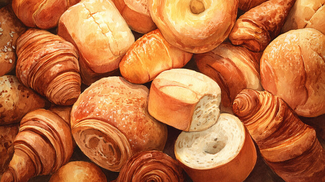 Watercolor illustration of bakery items in full frame composition, dense overlapping bread, croissants and pastries with warm golden tones and rustic baked texture.