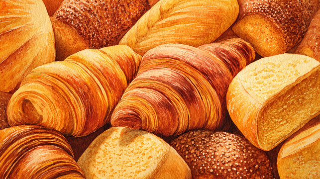 Watercolor illustration of bakery items in full frame composition, dense overlapping bread, croissants and pastries with warm golden tones and rustic baked texture.