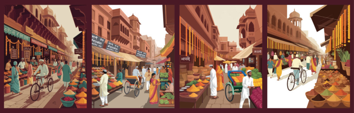 Indian Traditional Street Market Illustration with Local Bazaar and Daily Life