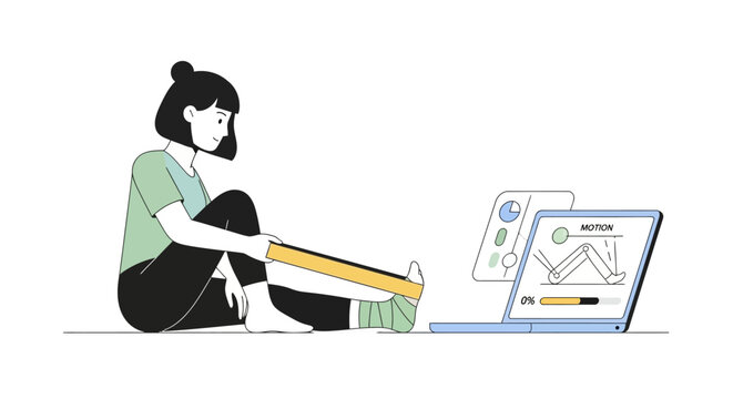 Online Physical Therapy and Rehabilitation Concept with Woman Exercising Leg at Home Using Laptop for Virtual Training and Injury Recovery Guidance