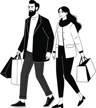 vector illustration of a stylish man and woman walking side by side while holding shopping bags 