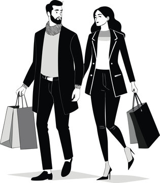 vector illustration of a stylish man and woman walking side by side while holding shopping bags 