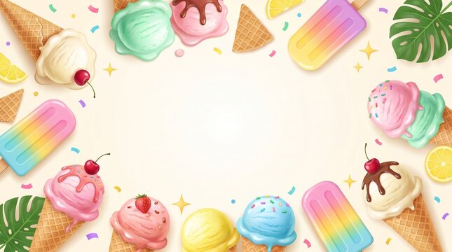 Colorful assorted ice cream backdrop featuring a festive ice cream frame for a celebratory pattern.