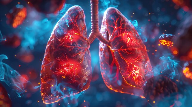Medical Illustration of Pulmonary Embolism, Showing Blood Clot Blocking Pulmonary Artery, Deep Vein Thrombosis Origin, Lung Vascular Obstruction, Pathophysiology and Clinical Symptoms of Respiratory 
