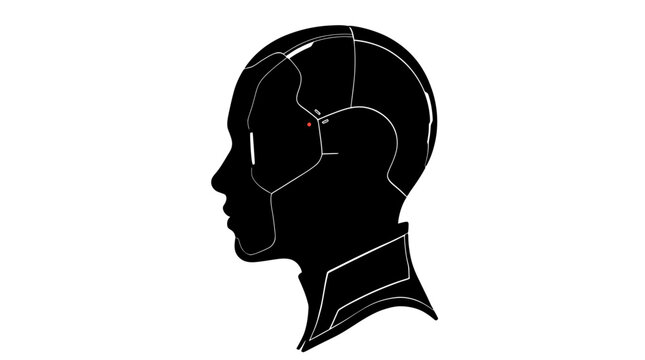 Black robotic head, futuristic cyborg profile, metallic humanoid, vector illustration