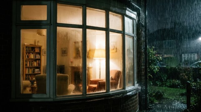 Warm interior glowing through a large bay window fogged by night rain and condensation