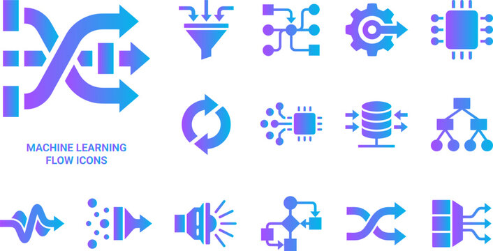 Machine learning flow icons, data processing symbols, abstract tech elements with gradient.