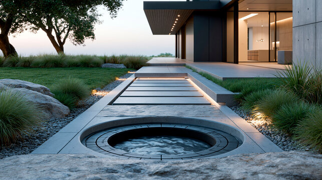 Modern luxury home exterior with minimalist landscape design and integrated outdoor spa at dusk
