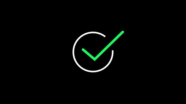 Green checkmark inside a white circle on a black background, animation check mark tick correct success check mark tick correct success