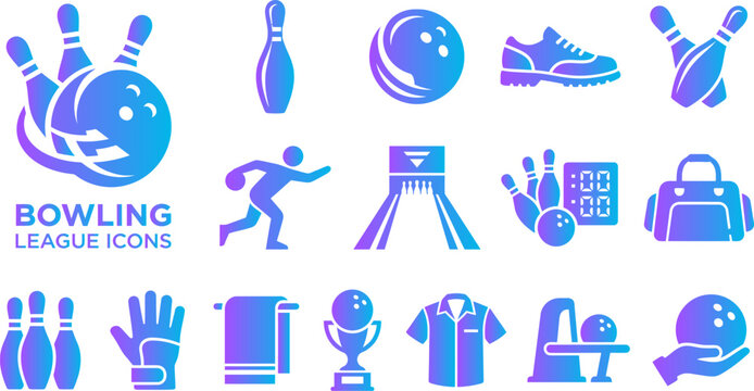 Set of bowling league icons with modern gradient blue purple color.
