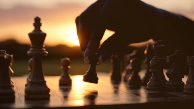 A solitary hand making strategic moves on a chess board at sunset, cinematic footage capturing the thoughtful play with sun flare on pieces, dynamic intellectual game.