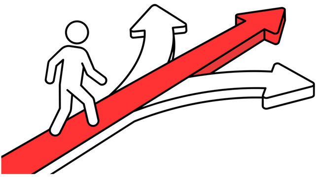 Stick figure choosing right direction on red arrow at crossroads illustration