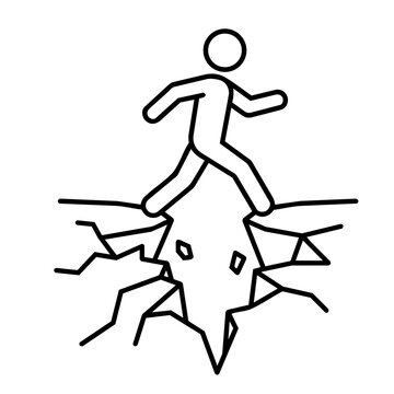 Minimalist stick figure jumping over a ground chasm line art illustration