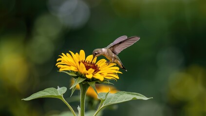 Fototapeta premium Hummingbird Feeding on Mexican Sunflower Garden Close-Up, Vibrant Colors