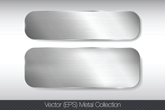 Realistic 3D metal button set, round, square and rectangle frame with glare, flat stainless steel plate set, flat metal frame, 100% vector (EPS) illustration