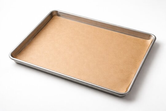 White background showcasing baking tray with brown parchment paper