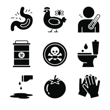 Vector icons of food poisoning symptoms and causes