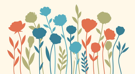 Naklejka premium Colorful Silhouette Flowers and Leaves Pattern.