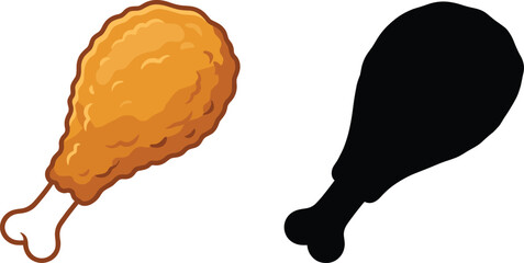 Crispy fried chicken drumstick vector set with realistic colorful illustration and black silhouette shape isolated on white background fast food restaurant menu design © Suchana