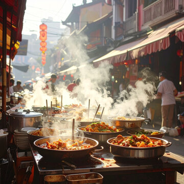 Steaming pans of street food
