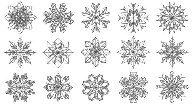 A Collection of Intricate Snowflakes: A set of fifteen unique snowflake designs, each displaying delicate geometric patterns and crystalline structures, representing the beauty of winter.
