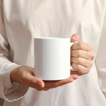 Woman holding white coffee mug