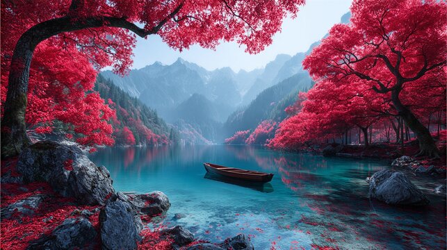 ​Serene mountain lake landscape with a wooden rowboat floating on clear turquoise water surrounded by vibrant red autumn trees