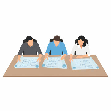 Three people collaborating on blueprints at a table.
