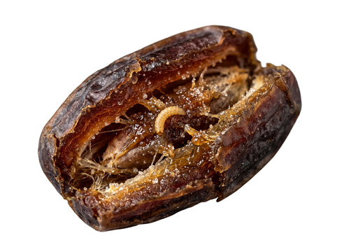 Date with worm inside, rotten and dried out with visible insect larvae, brown wrinkled skin featuring fruit decay, ultra realistic, food spoilage